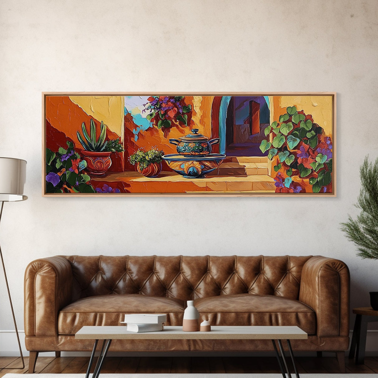 Mexican Pottery, Rustic Charm, Colorful Courtyard, Desert Plants, Framed Canvas Print, Kitchen Wall Art, Boho Decor, Spanish Style Art