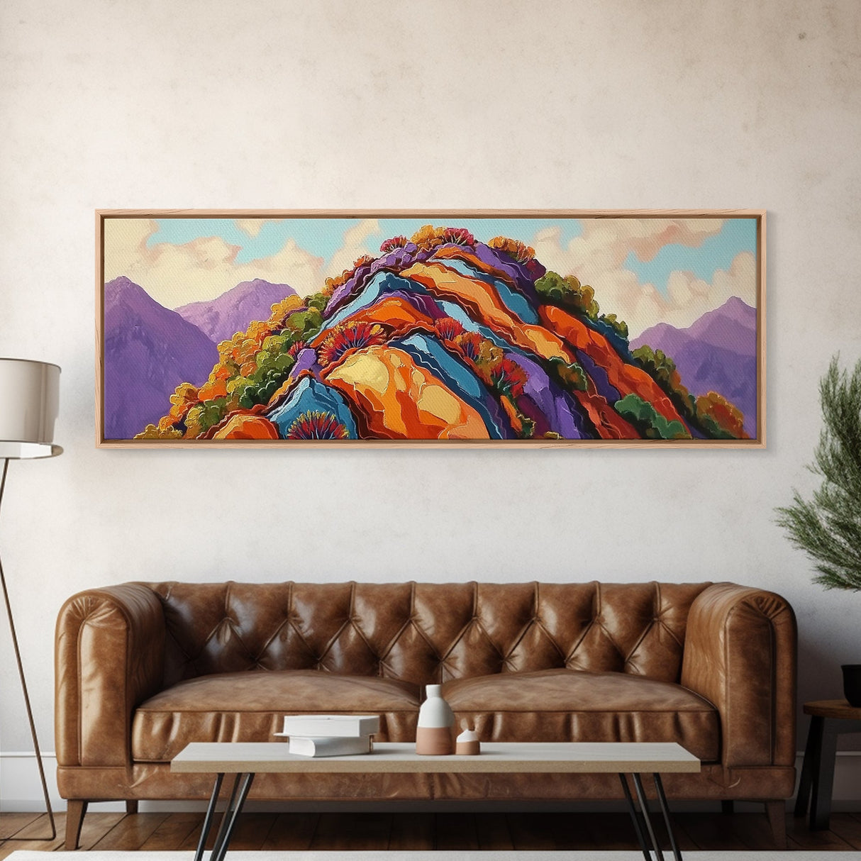 Painted Mountains, Autumn Hills, Desert Landscape, Bold Colors, Framed Canvas Print, Hallway Art, Vibrant Nature Decor, Western Style