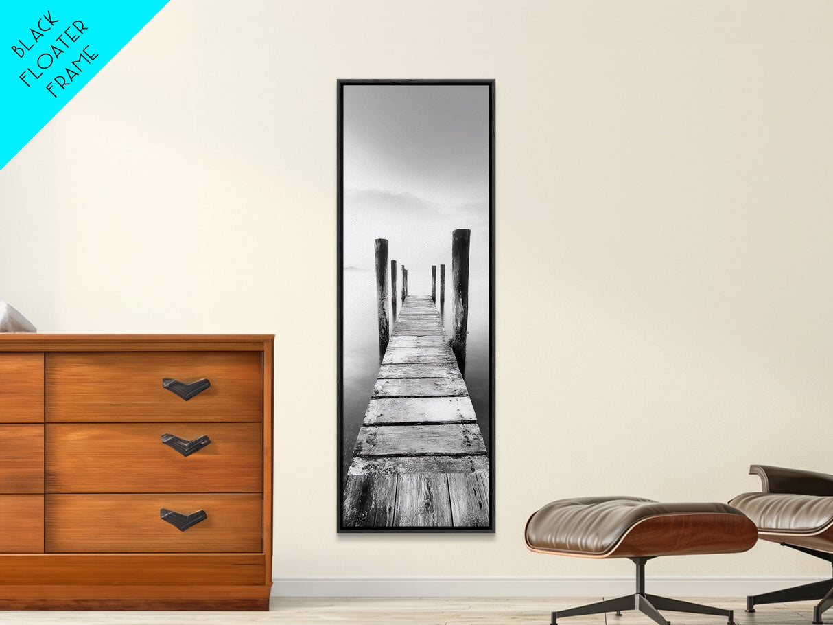 Rustic Dock, Peaceful Lake, Minimal Landscape, Black and White Art, Canvas Print, Tranquil Nature Scene, Entryway Art, Bedroom Wall Art