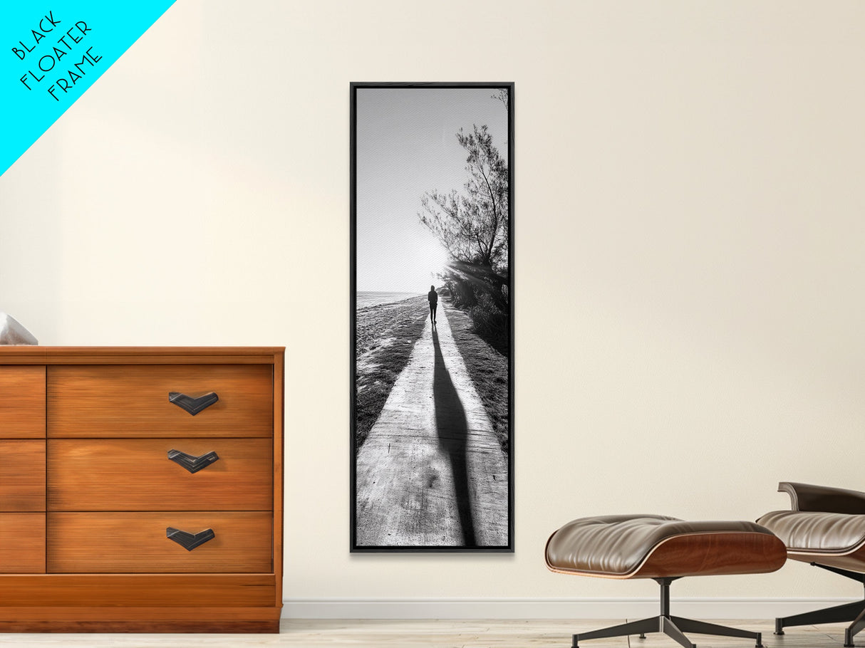 Walkway Shadows, Coastal Path, Minimalist Silhouette, Black and White Art, Framed Canvas Print, Hallway Decor, Calm Modern Wall Art