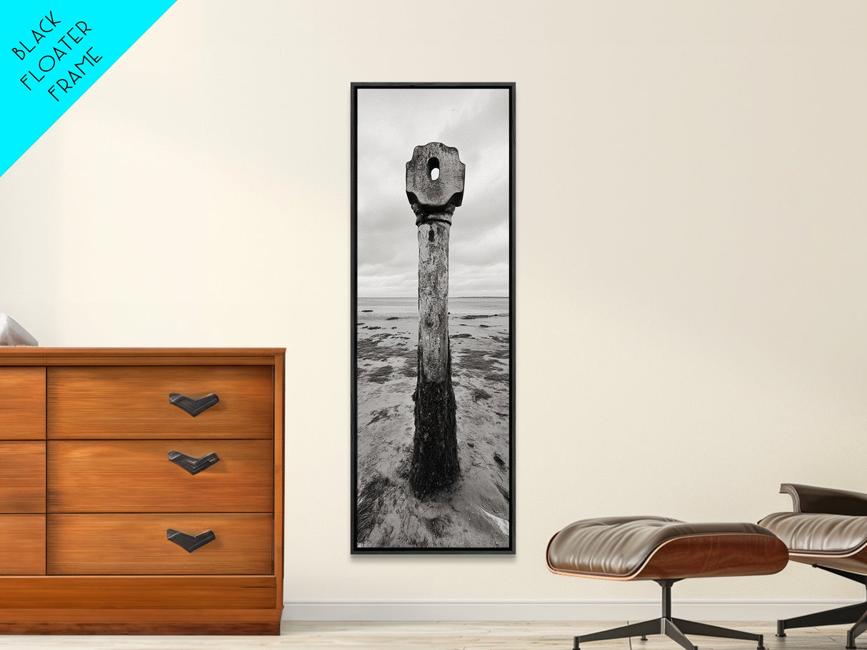 Driftwood Totem, Coastal Pillar, Ocean Beach Monochrome, Framed Canvas Print, Rustic Wall Art, Boho Bedroom Decor, Nature Photography