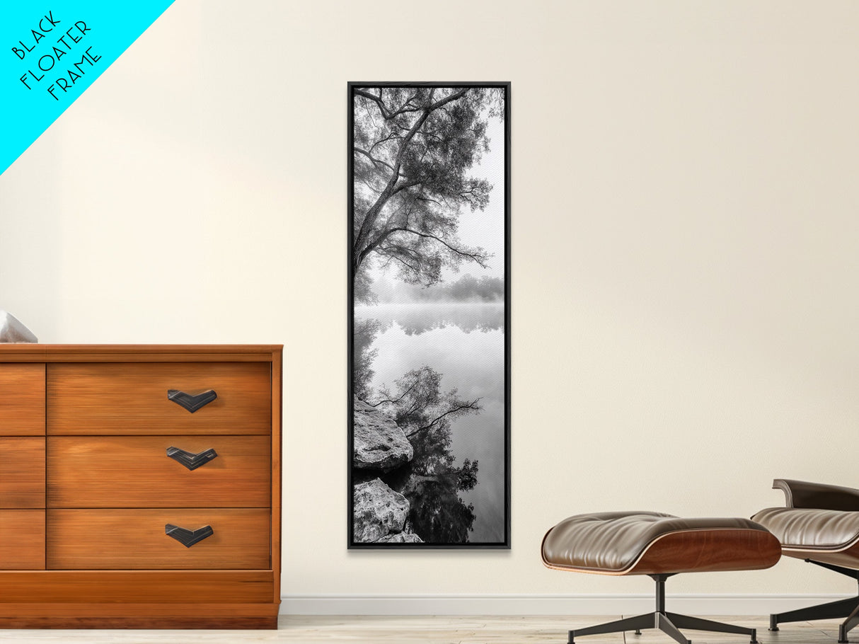 Misty Lake, Tree Reflection, Tranquil Morning, Framed Canvas Print, Bedroom Wall Art, Serene Nature Photography, Minimalist Art Style