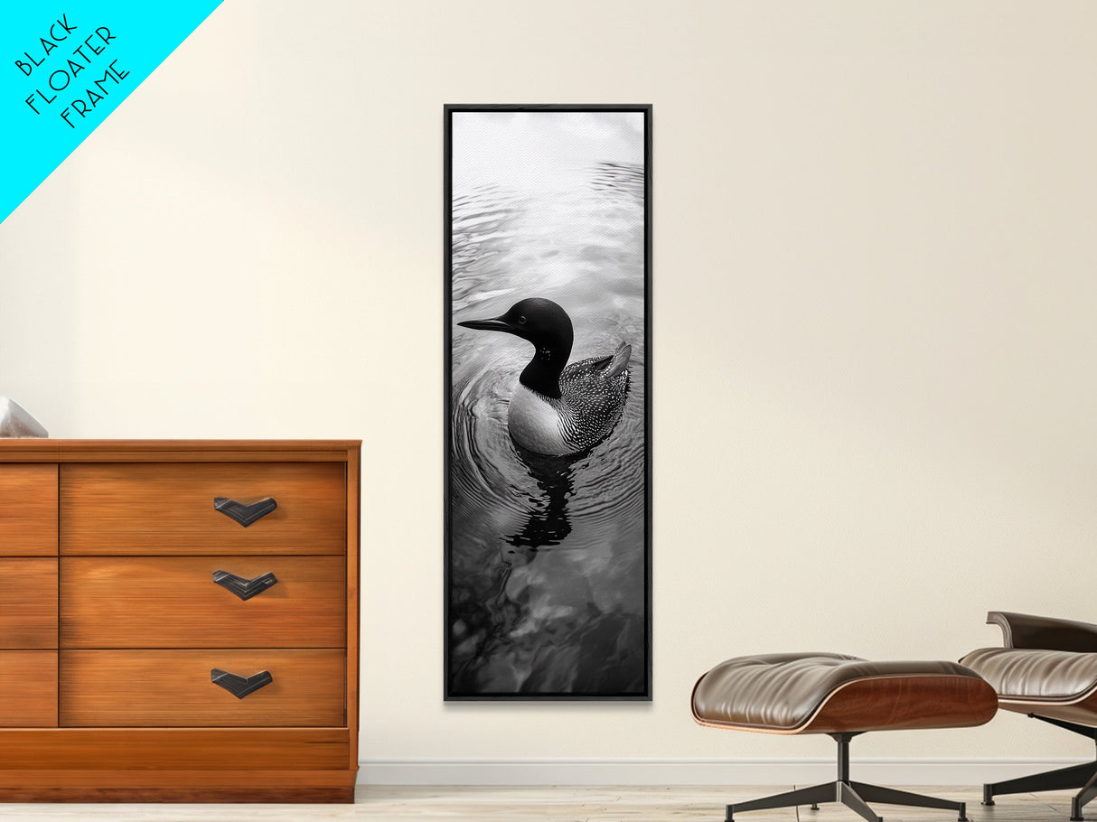 Water Loon, Lake Bird, Floating Wildlife, Nature Stillness, Serene Waterfowl Framed Canvas Print, Cabin Wall Art Rustic Lakehouse Decor