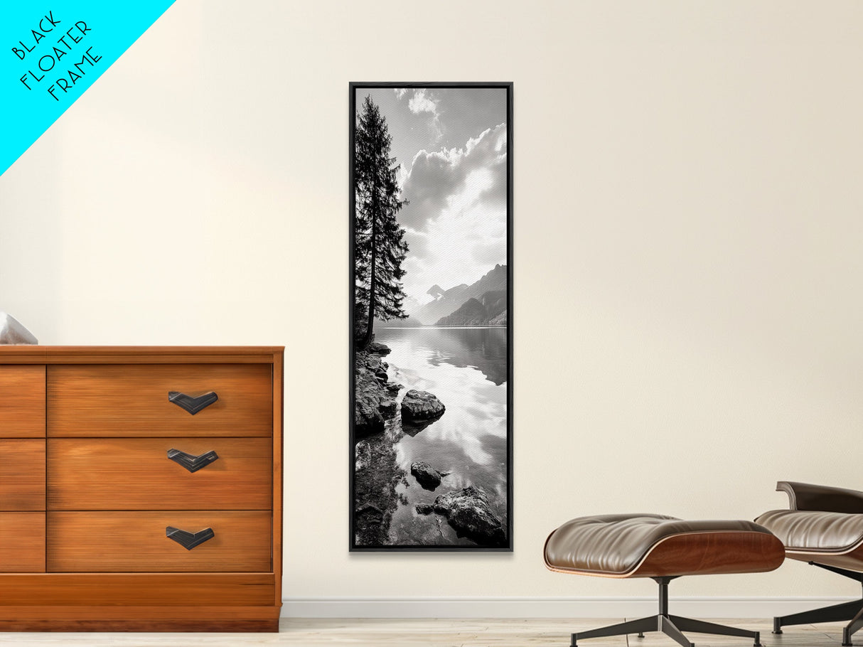 Mountain Lake Peace, Still Water View, Nature Escape, Framed Canvas Print, Living Room Wall Art, Nordic Cabin Decor, Minimal Landscape