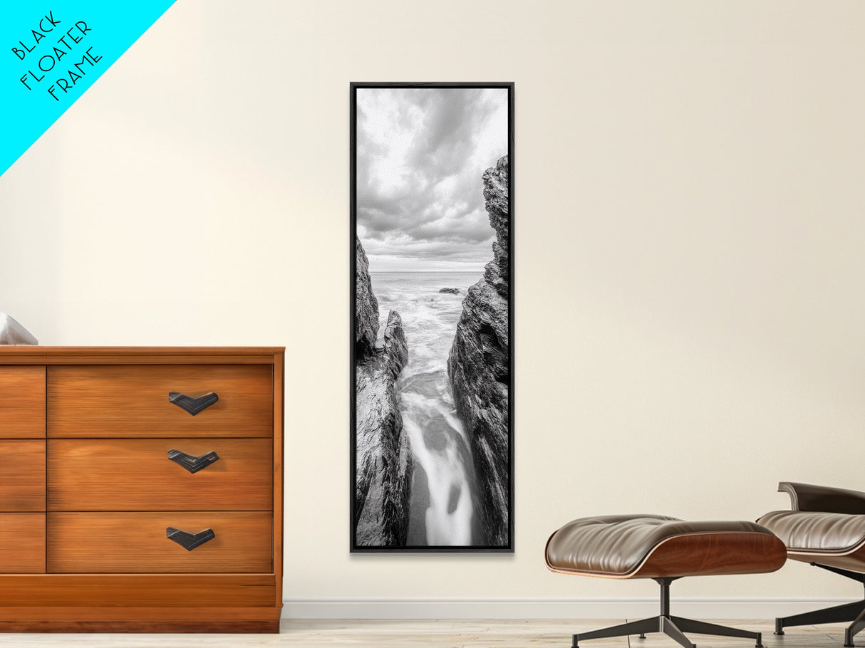 Rocky Sea Gap, Moody Ocean Art, Monochrome Seascape, Minimalist Wall Decor, Canvas Print, Coastal Living Room Wall Art, Living Room Art