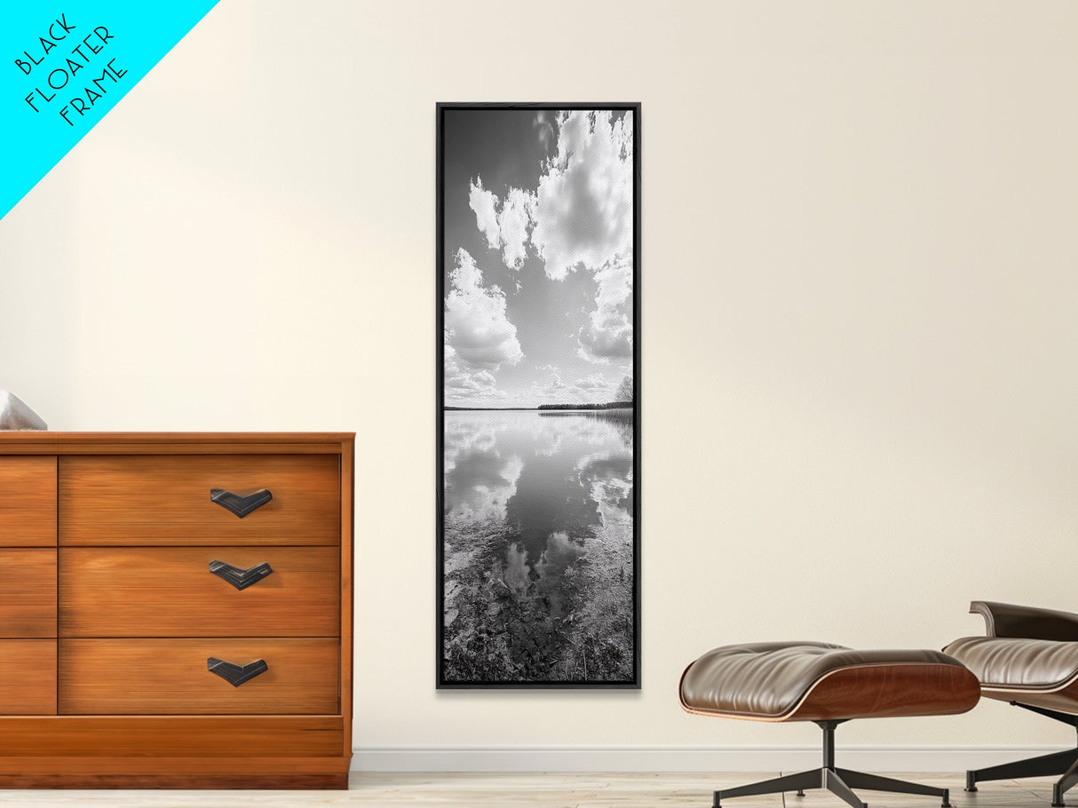 Lake Reflection, Calm Waters, Cloudy Sky, Minimalist Landscape, Framed Canvas Print, Neutral Living Room Art, Tranquil Nature Scene