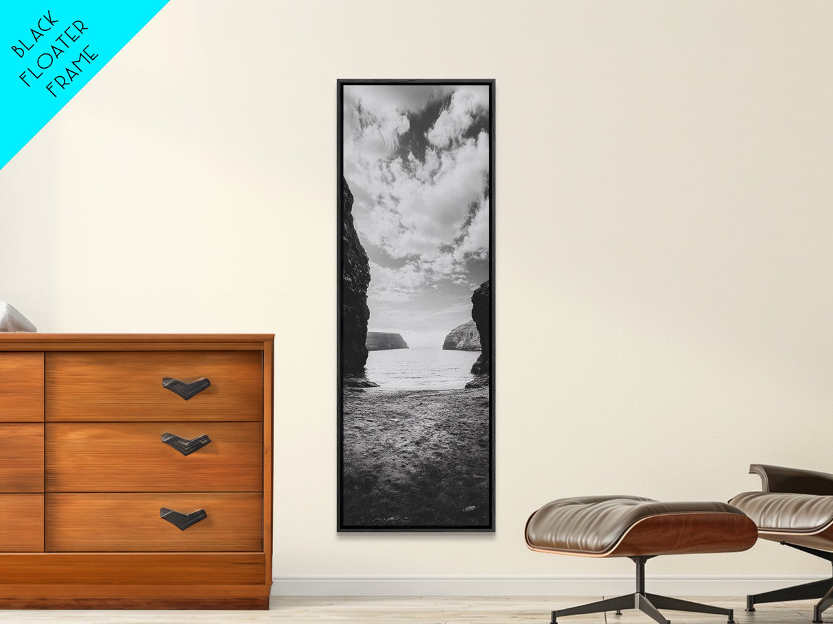 Seaside Cliffs, Ocean Gateway, Tranquil Cove, Framed Canvas Print, Nautical Wall Art, Modern Coastal Decor, Neutral Beach Style