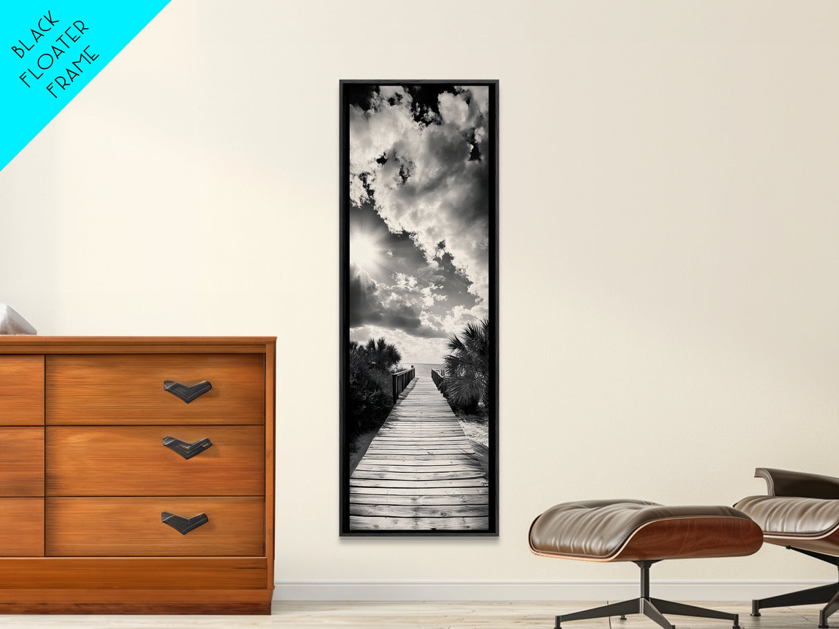 Boardwalk Path, Coastal Sunset, Palm Trees, Framed Canvas Print, Beach Walkway Wall Art, Entryway or Living Room Coastal Decor