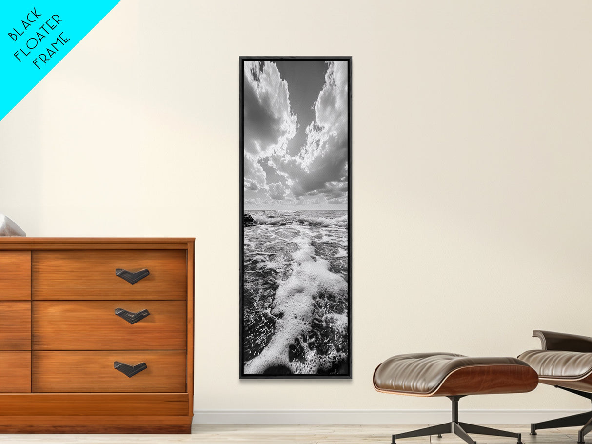 Sparkling Ocean, Cloud Horizon, Sea Breeze, Framed Canvas Print, Bright Coastal Art, Bathroom or Living Room Summer Vibe Wall Decor