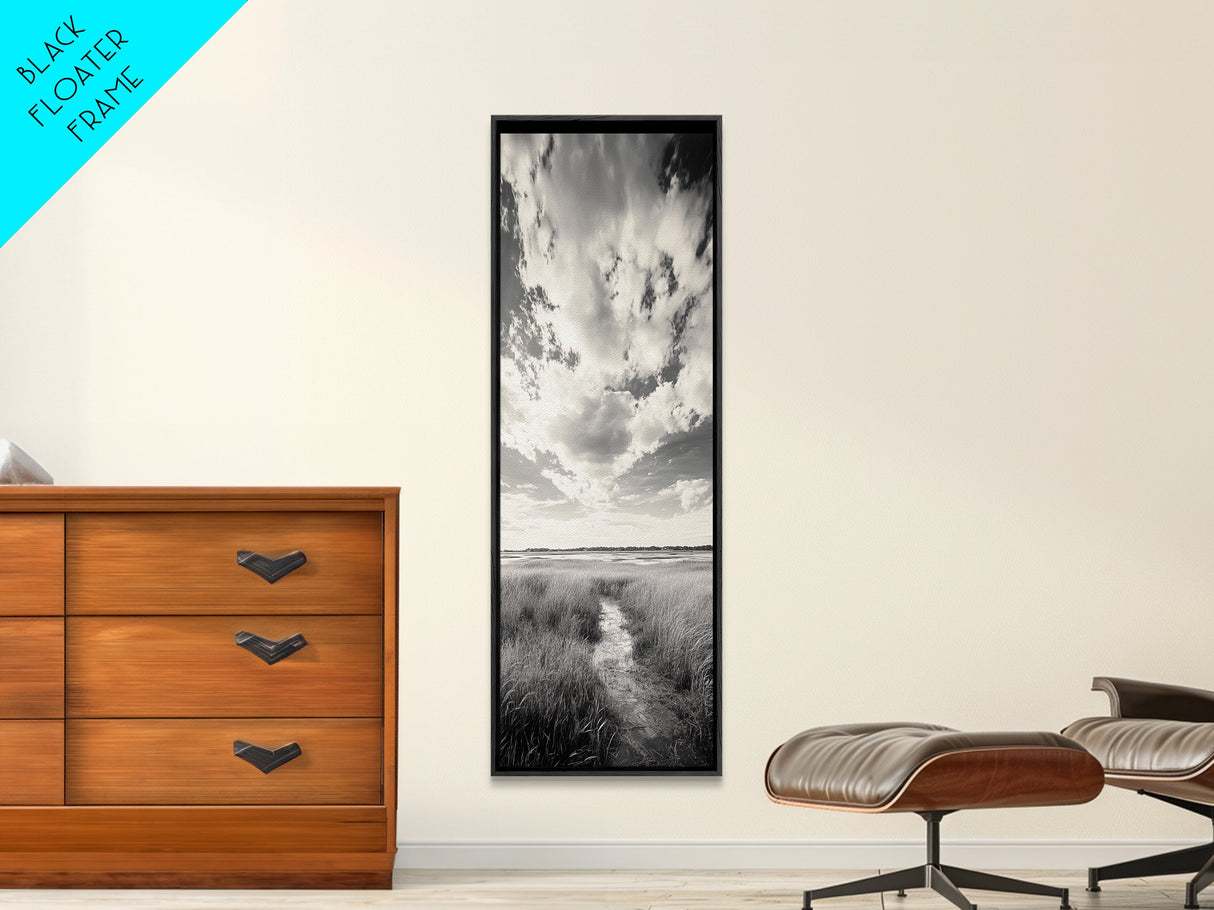 Marshland Pathway, Coastal Grassland Art, Nature Wall Decor, Calm Landscape Style, Framed Canvas Print, Neutral Tones Minimalist