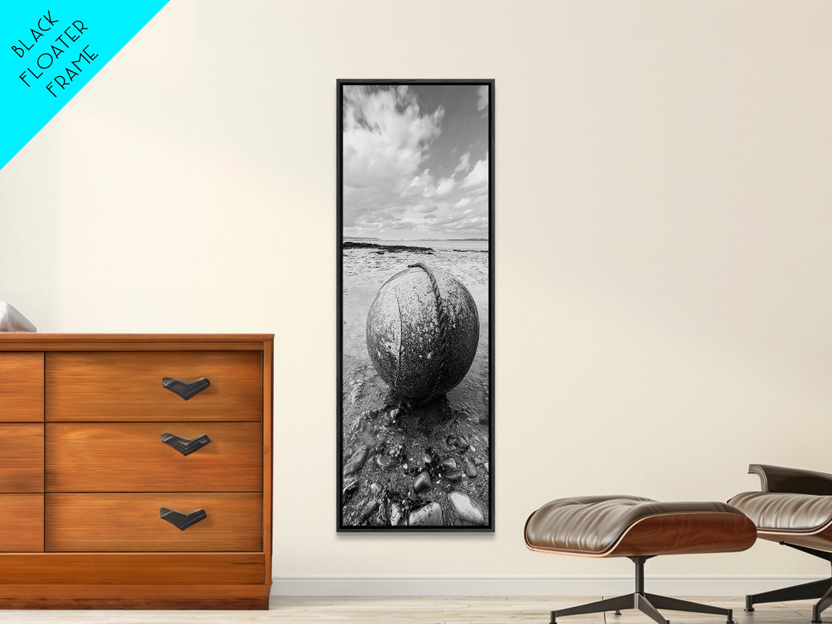 Weathered Buoy Ball, Rustic Coastal, Beach Decor, Nautical Minimalism, Framed Canvas Print, Bathroom Wall Art, Ocean Inspired Design