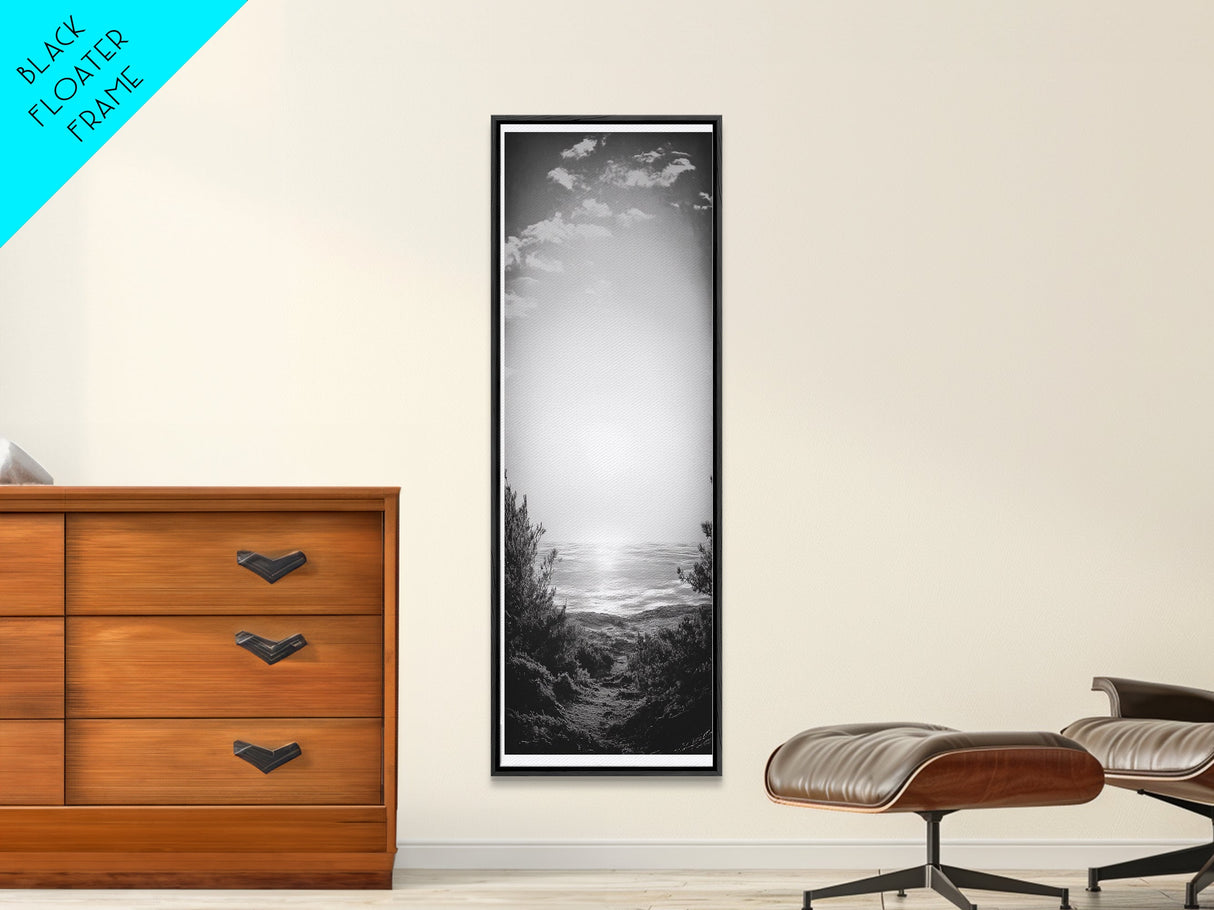 Horizon Glow, Ocean Sunset, Seaside Path, Tranquil Evening Framed Canvas Print, Nature Inspired Bedroom Wall Art, Zen Minimalist Decor