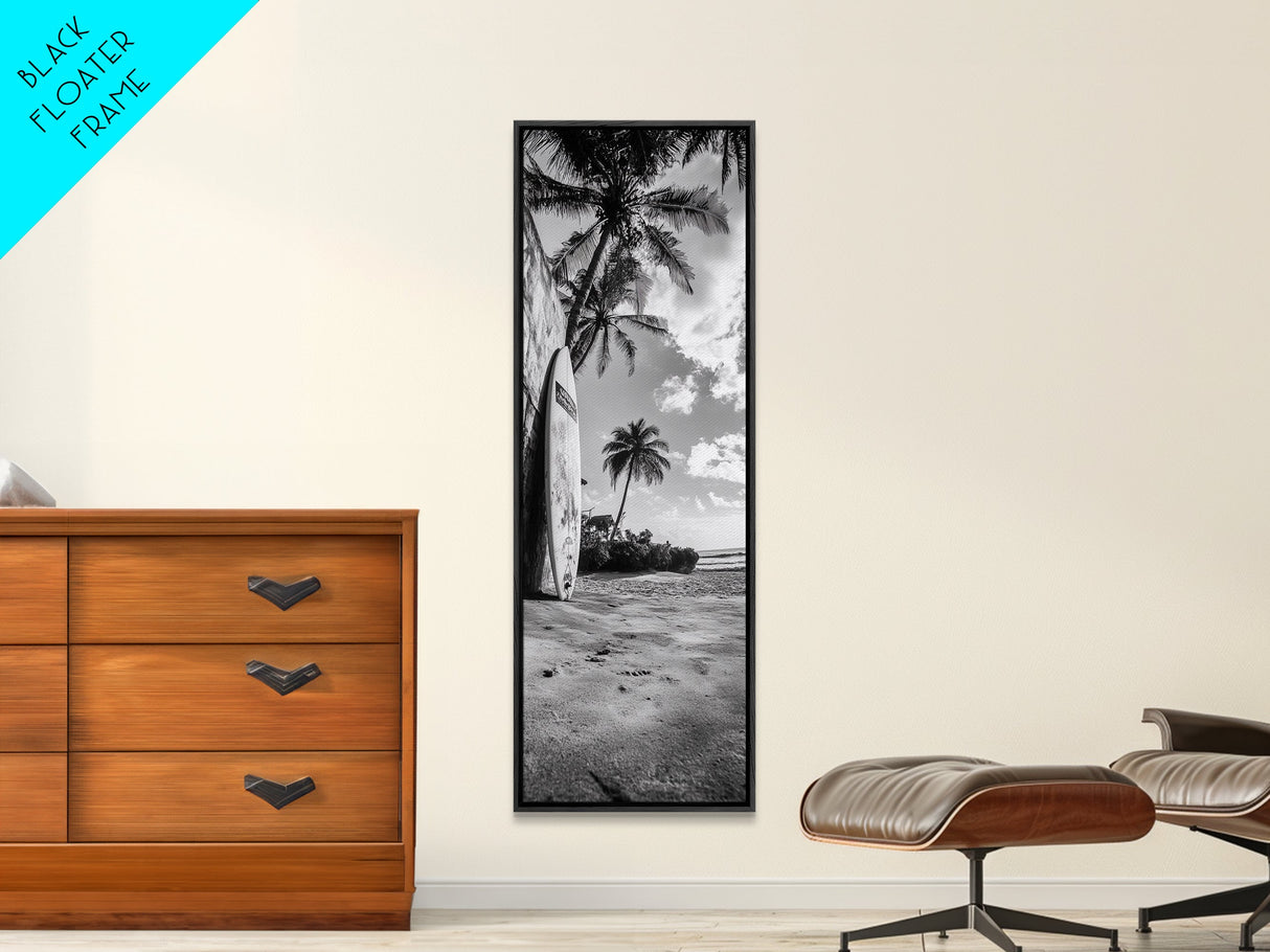 Tropical Beach, Surfboard Scene, Coastal Palms, Island Vibes, Canvas Print, Beach House Art, Summer Wall Decor, Boho Style
