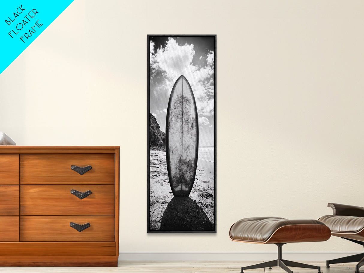 Surfboard Vertical, Sandy Beach, Coastal Rocks, Ocean Horizon, Framed Canvas Print, Surf Art, Dorm Room Decor, Tropical Vibe