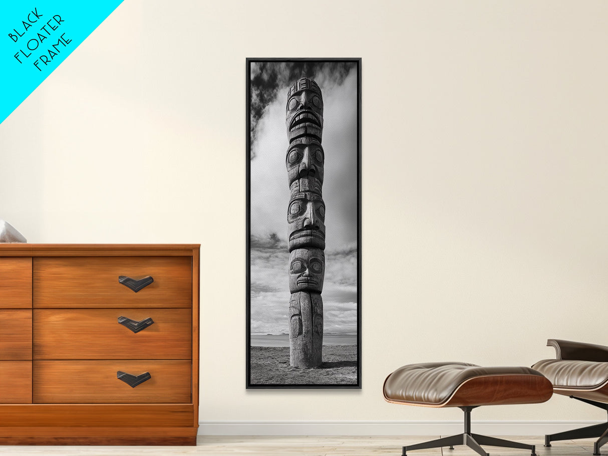 Totem Pole, Tribal Faces, Historic Symbolism, Canvas Print, Cultural Wall Decor, Office Wall Art, Rustic Museum Style Photography