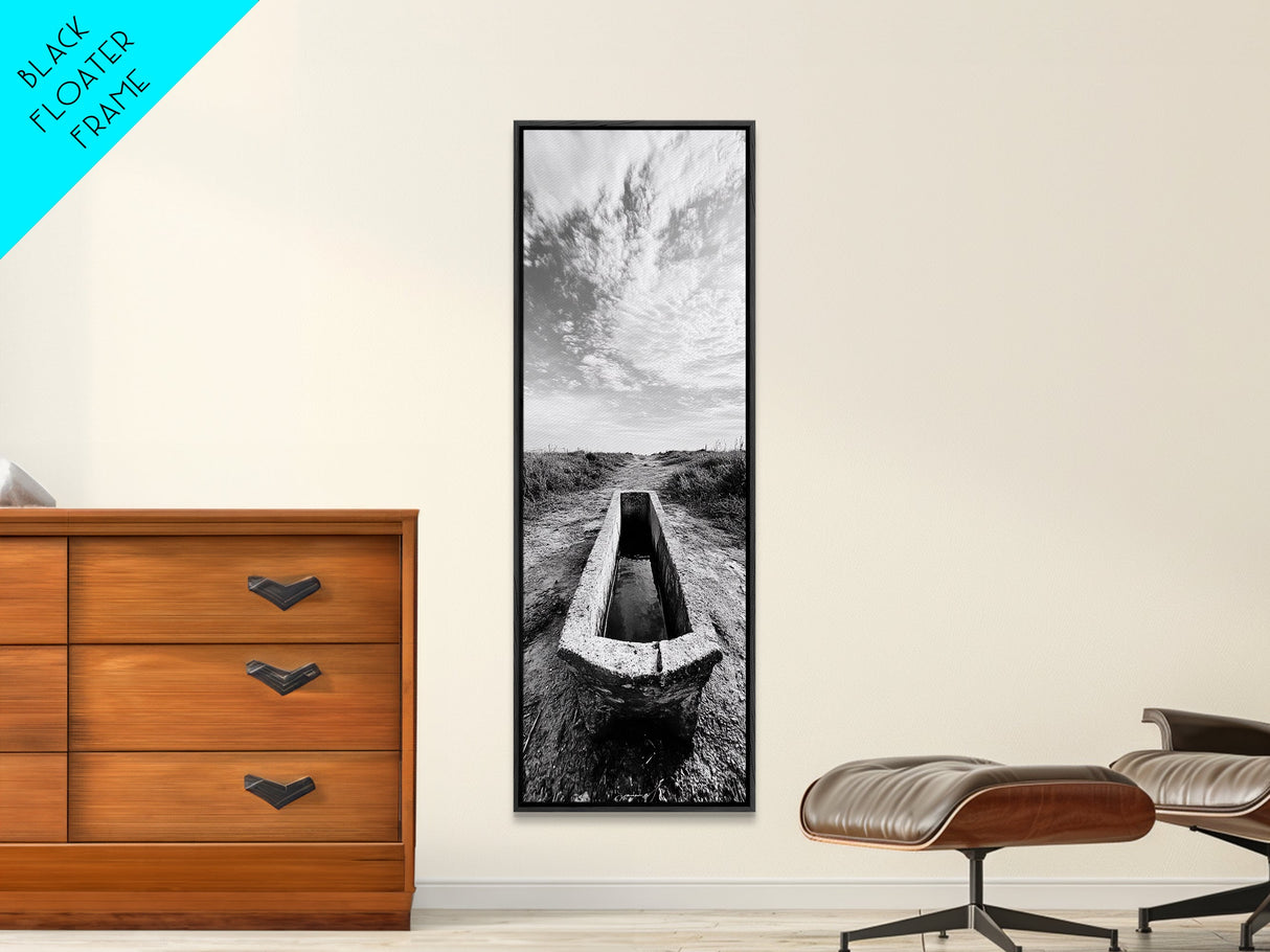 Rustic Trough Scene, Country Minimalist Art, Weathered Landscape Print, Nature Photography, Farmhouse Kitchen Decor, Framed Canvas Print