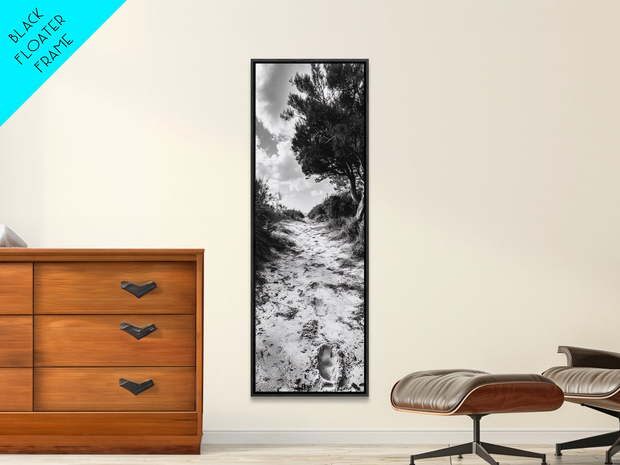 Sandy Trail Path, Coastal Forest Walk, Nature Photography, Framed Canvas Print, Boho Bedroom Wall Art, Minimalist Seaside Home Decor