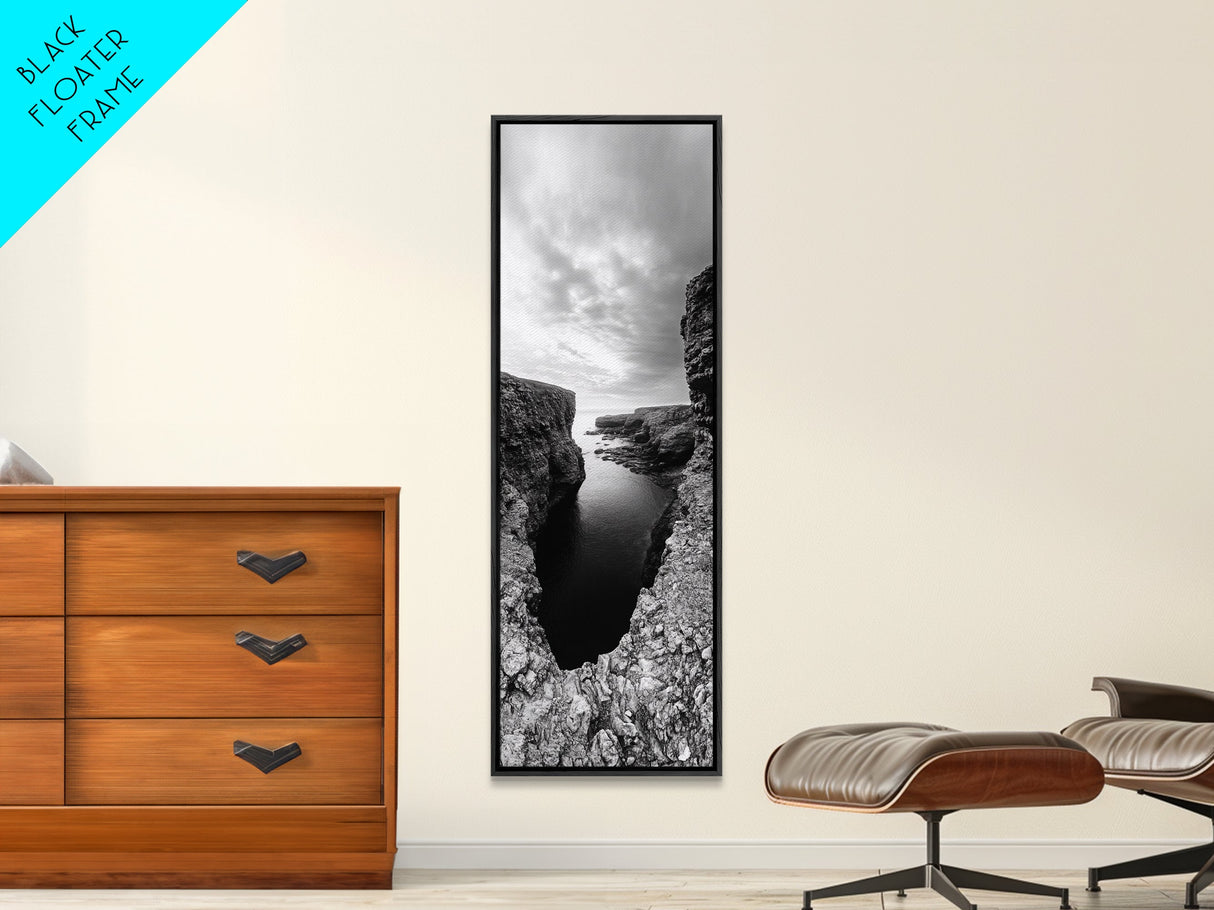 Seaside Cliffscape, Ocean Horizon, Monochrome Nature Scene, Framed Canvas Print, Coastal Living Room Art, Modern Rustic Wall Decor