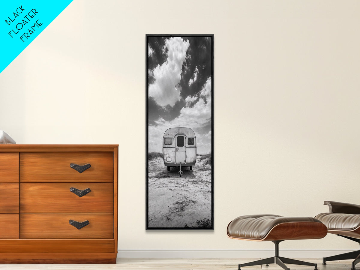 Vintage Camper, Cloudy Sky, Wanderlust Life, Desert Minimalism, Framed Canvas Print, Retro Travel Wall Art, Boho Bedroom Print, Office Art