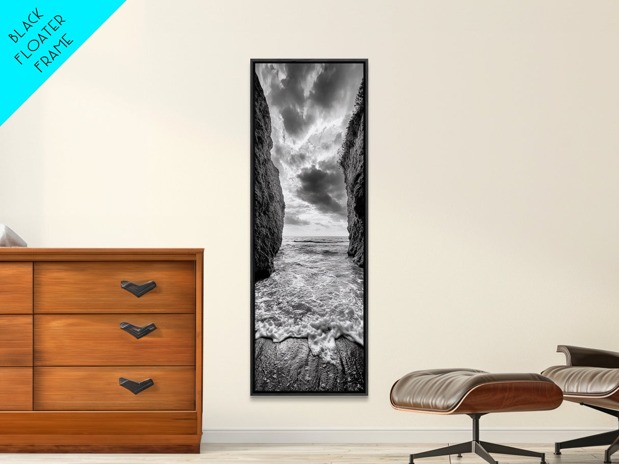 Ocean Gap, Cliffside Horizon, Black White Waves, Framed Canvas Print, Modern Coastal Wall Art, Nautical Living Room Decor, Nature Decor
