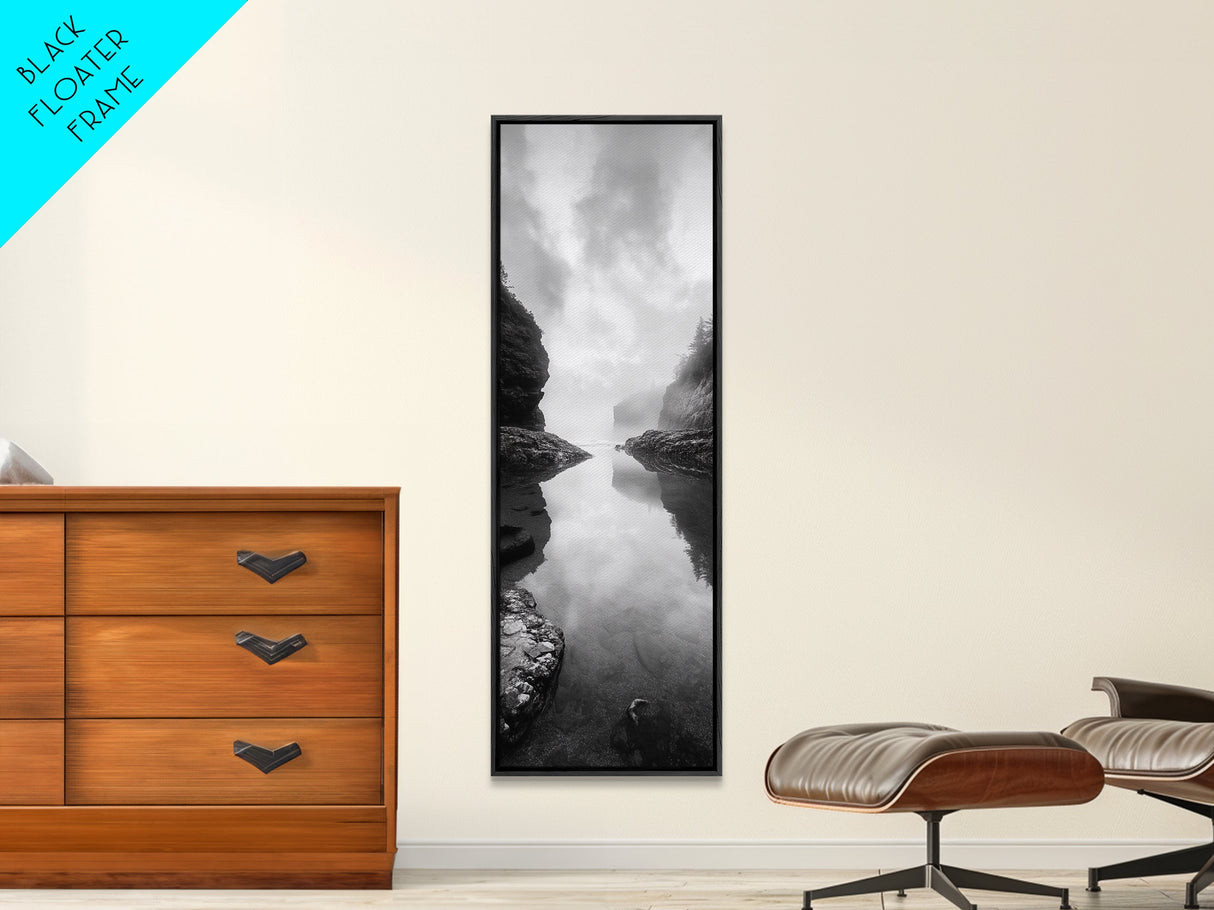 Misty Inlet, Rocky Shoreline, Tranquil Waters, Canvas Print, Moody Landscape Photography, Living Room Art, Nature Inspired Decor
