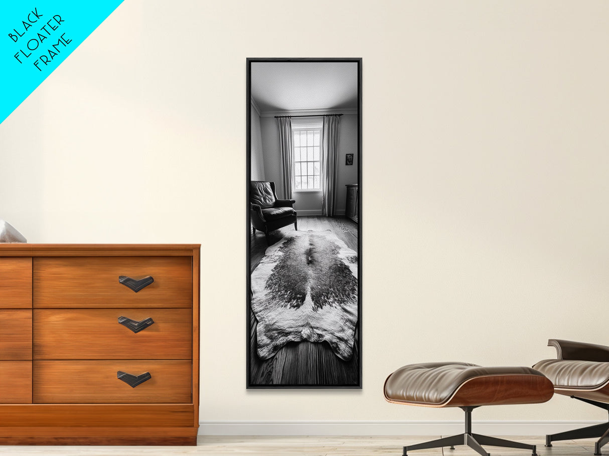 Leather Chair, Cozy Window, Cowhide Rug, Framed Canvas Print, Farmhouse Living Room Decor, Rustic Minimalist Art, Monochrome Interior