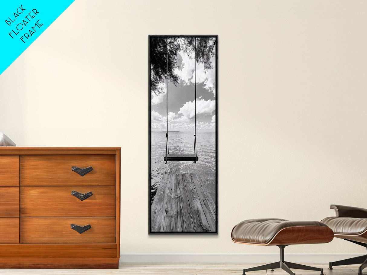 Lakeside Swing Stillness, Serene Water View Print, Peaceful Dock Photography, Canvas Print, Tranquil Bedroom or Office Wall Art