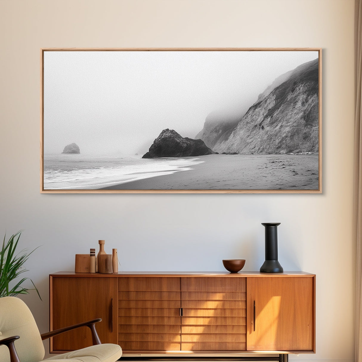 Foggy Beach Boulders, Minimalist Shoreline, Moody Monochrome, Canvas Print, Neutral Bathroom Art, Zen Wall Decor, Calm Coastal Scene