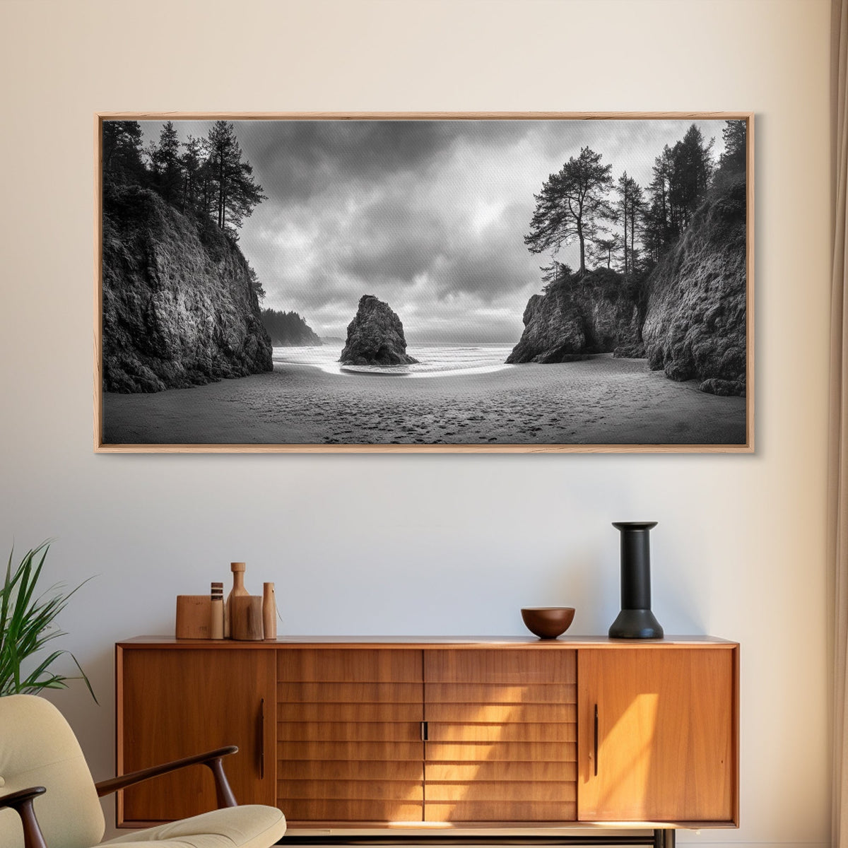Hidden Coastal Cove, Dramatic Ocean Scene, Natural Seascape, Canvas Print, Rustic Cabin Wall Art, Black and White Beach Photography