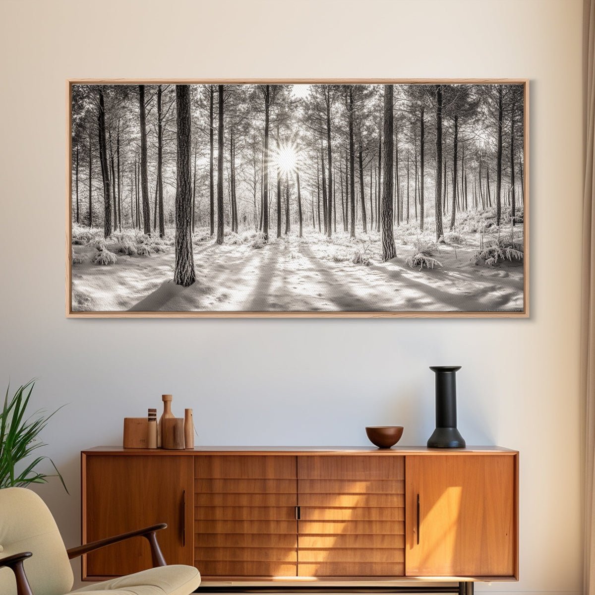 Winter Pine Forest, Sunlight Snow Trees, Nature Landscape Photography, Framed Canvas Print, Cabin Decor, Minimalist Wall Art