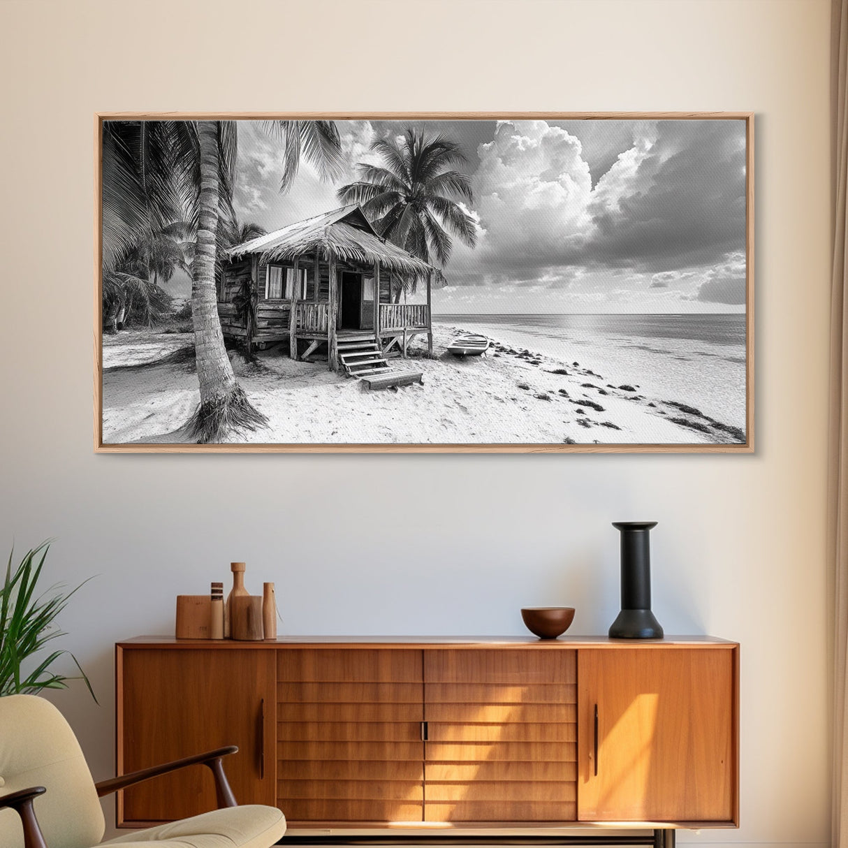 Tropical Hut, Palm Tree Scene, Island Escape Photo, Framed Canvas Print, Beach House Wall Art, Rustic Boho Coastal Decor, Nature Scene