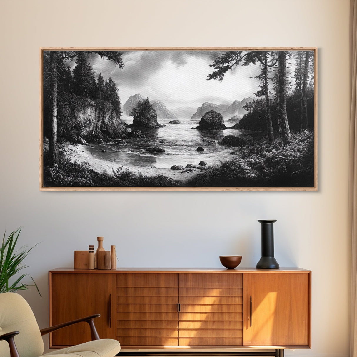 Coastal Forest View, Mountain Sea Horizon, Romantic Nature Scene, Framed Canvas Print, Living Room Wall Art, Vintage Landscape
