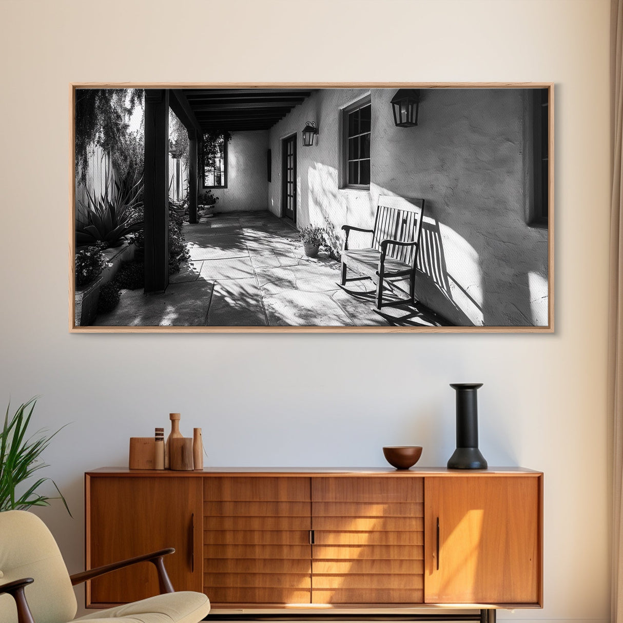 Porch Shadows Light, Rustic Patio, Black and White Decor, Farmhouse Entryway, Framed Canvas Print, Country Kitchen Wall Art, Bedroom Wall Art