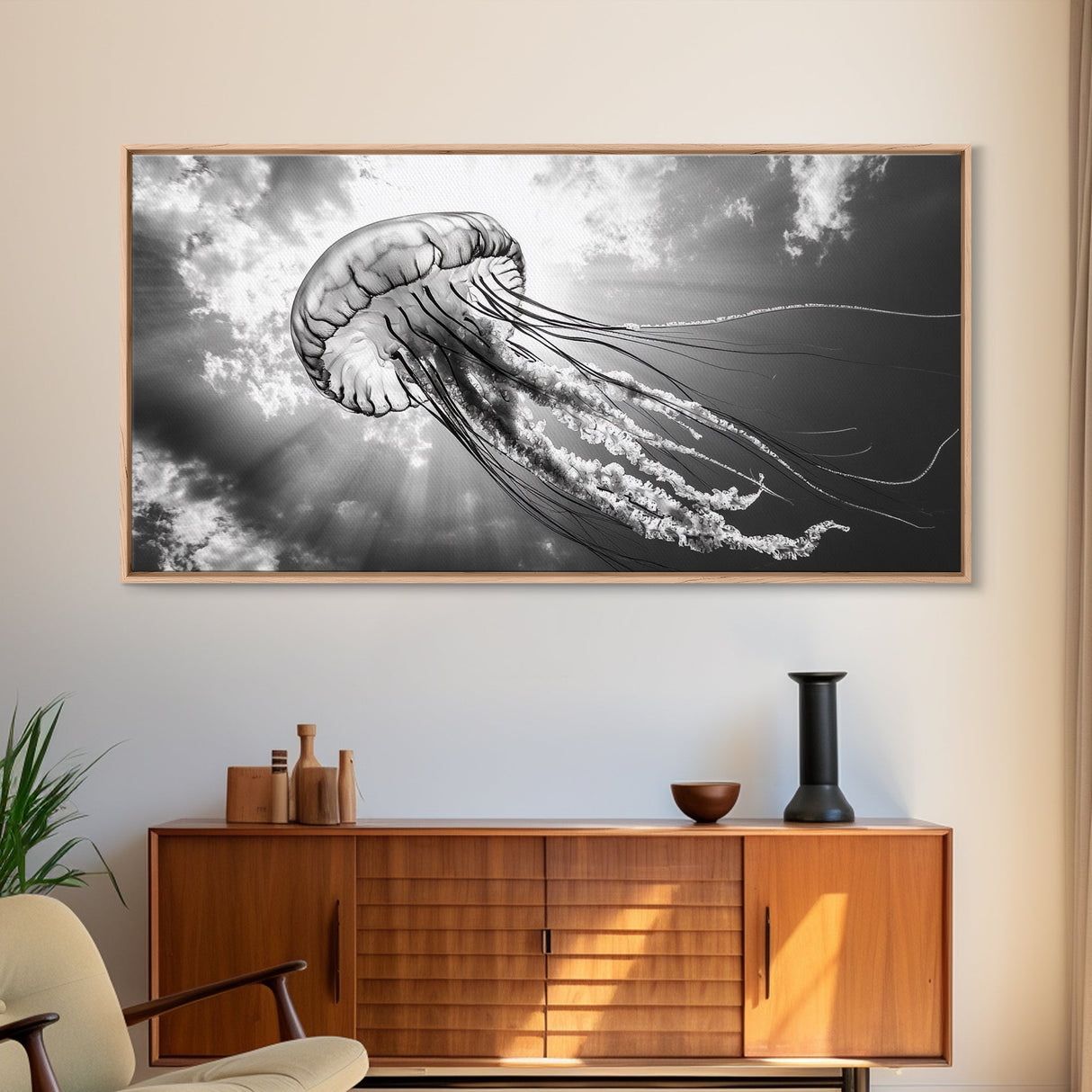 Jellyfish In Light, Ocean Life Art, Monochrome Sea Creature, Canvas Print, Coastal Bathroom Wall Art, Marine Modern Decor, Office Wall Art