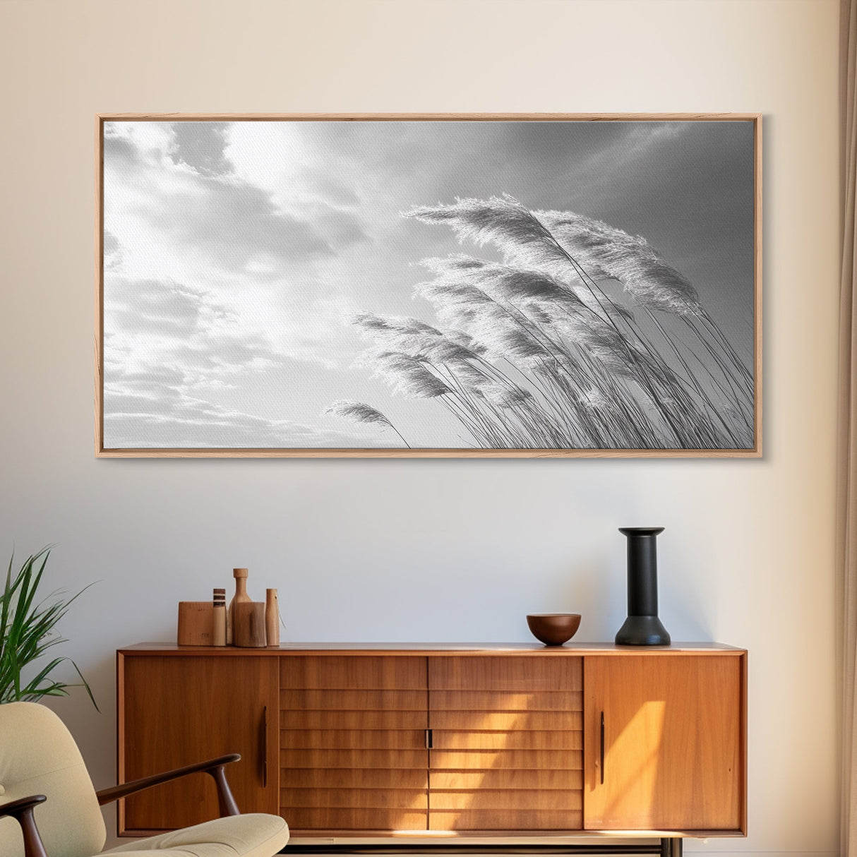 Windswept Grass, Minimal Nature, Calm Sky, Neutral Art, Framed Canvas Print, Bedroom Wall Art, Scandinavian Decor, Peaceful Pastel Tones