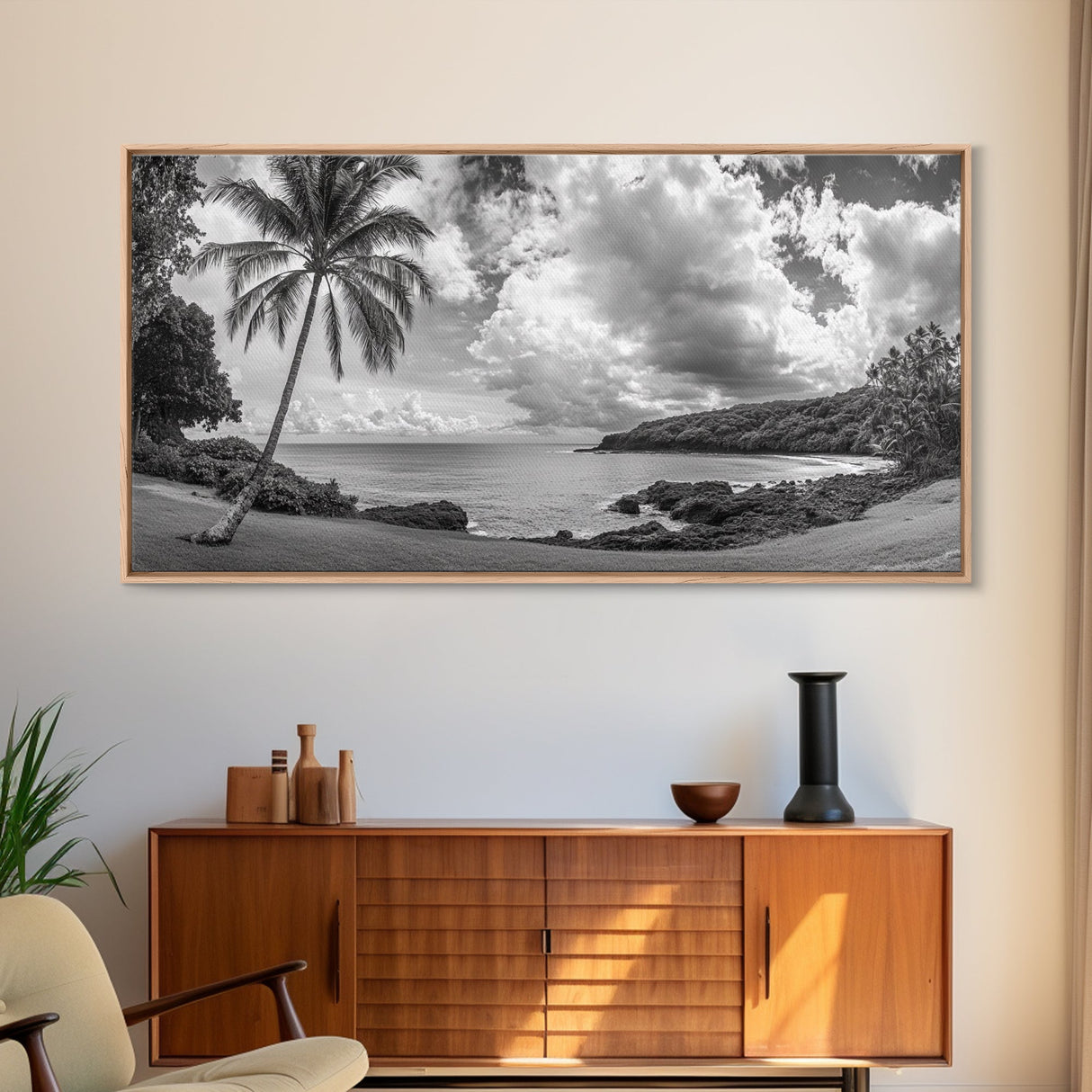 Tropical Coast, Palm Beach, Island View, Cloudy Sky, Framed Canvas Print, Coastal Living Room Art, Beach Wall Decor, Summer Style