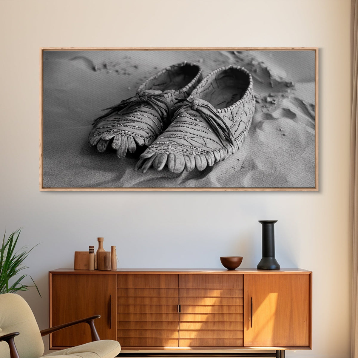 Moccasins in Sand, Rustic Footwear Art, Cultural Detail Photo, Framed Canvas Print, Boho Entryway Wall Decor, Western Minimalist