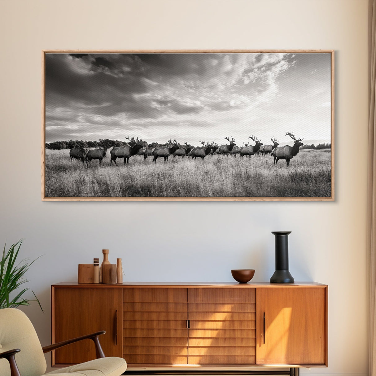 Elk Herd, Prairie Wildlife, Autumn Nature, Rustic Landscape, Framed Canvas Print, Western Wall Decor, Cabin Art, Living Room Print