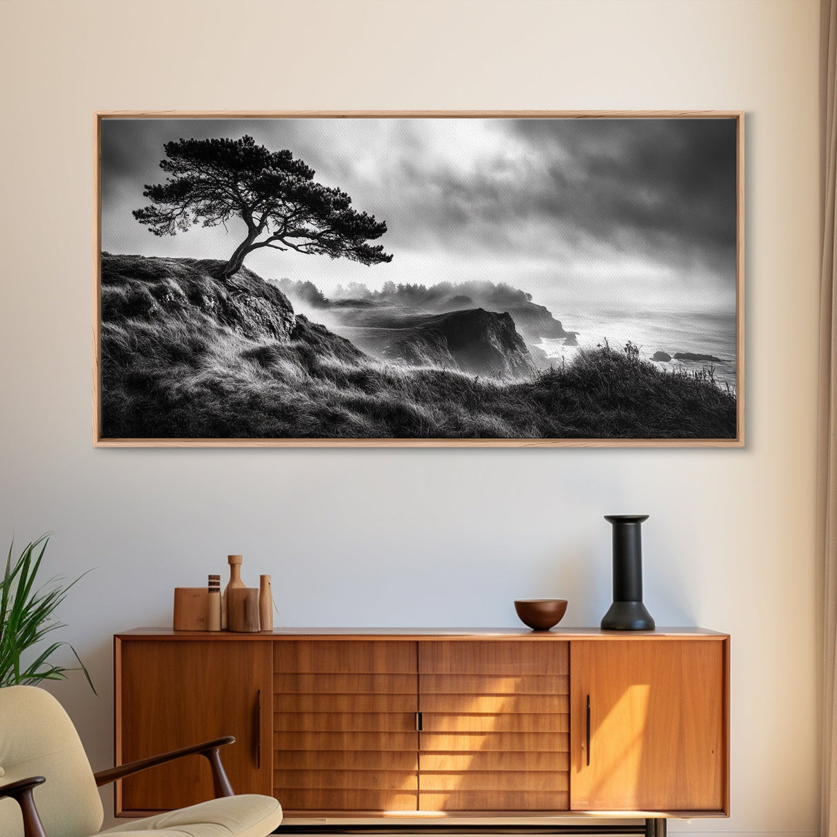 Lone Tree, Foggy Cliffs, Dramatic Landscape, Moody Sky, Framed Canvas Print, Nature Wall Art, Cabin Decor, Autumn Coastal Vibes