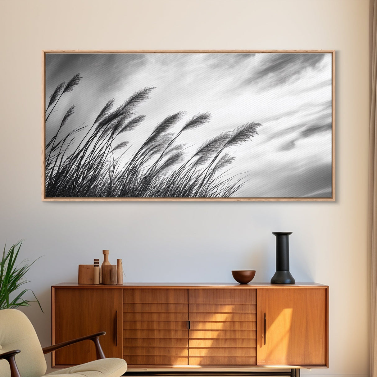 Pampas Grass, Wind Blown, Sky Motion, Autumn Field, Framed Canvas Print, Boho Wall Art, Bedroom Fall Botanical Decor, Living Room Decor