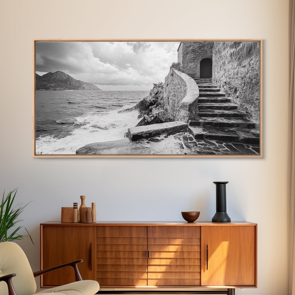 Stone Stairway, Ocean Cliff, Coastal Architecture, Mediterranean Charm, Framed Canvas Print, Rustic Wall Art, Entryway Travel Decor