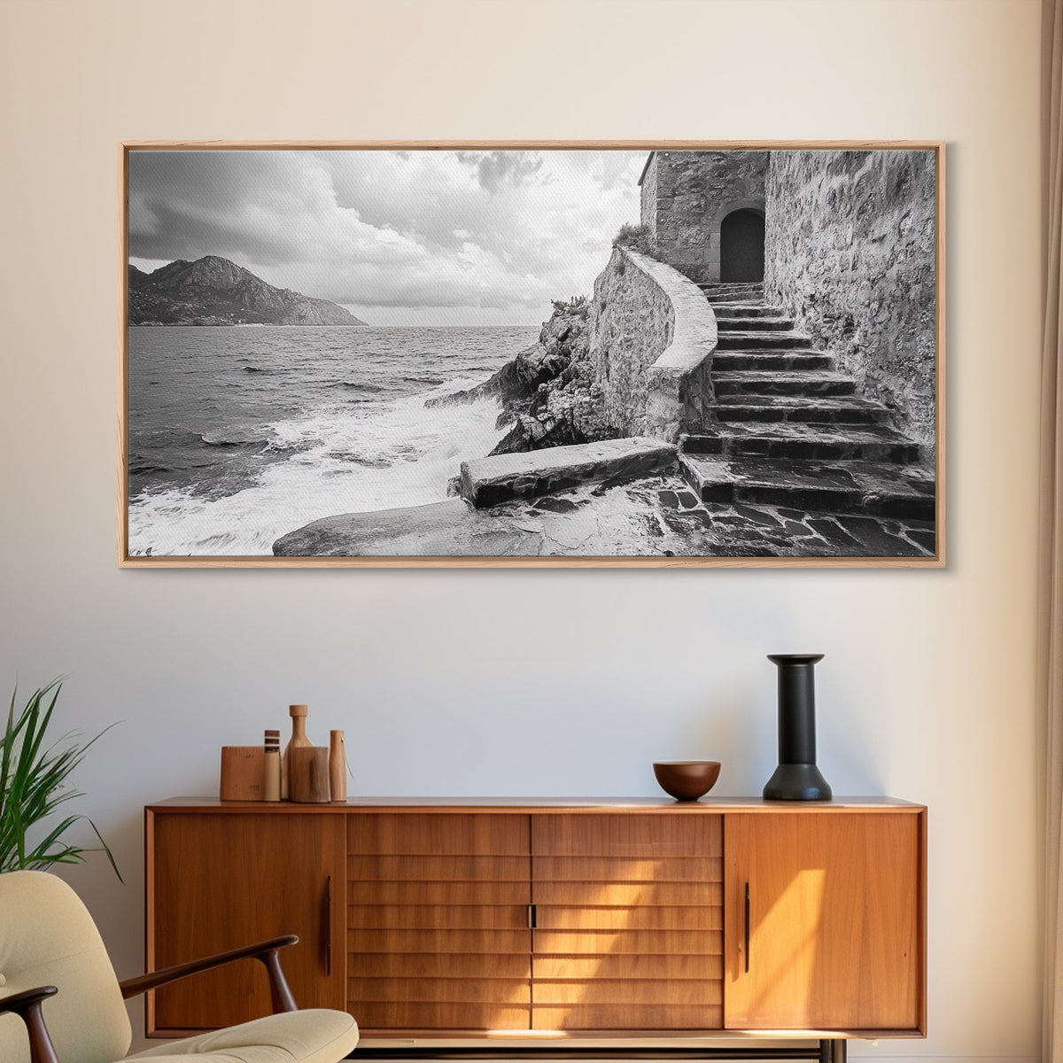 Stone Stairway, Ocean Cliff, Coastal Architecture, Mediterranean Charm, Framed Canvas Print, Rustic Wall Art, Entryway Travel Decor