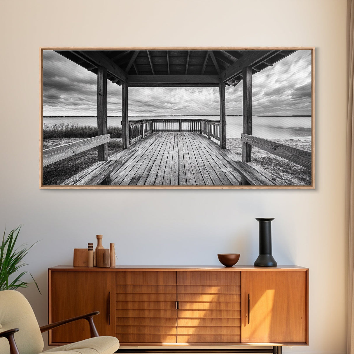 Gazebo By Water, Serene Lake View, Rustic Deck Canvas Print, Minimalist Landscape Wall Art, Neutral Bedroom, Tranquil Home Decor