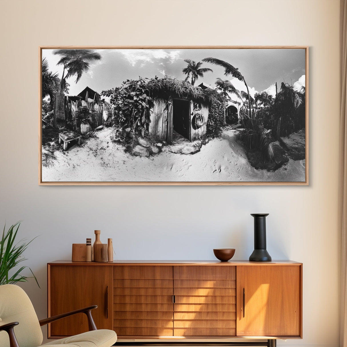 Tropical Beach Shack, Rustic Coastal Decor, Island Vibes, Palm Tree Jungle, Framed Canvas Print, Boho Living Room Wall Art