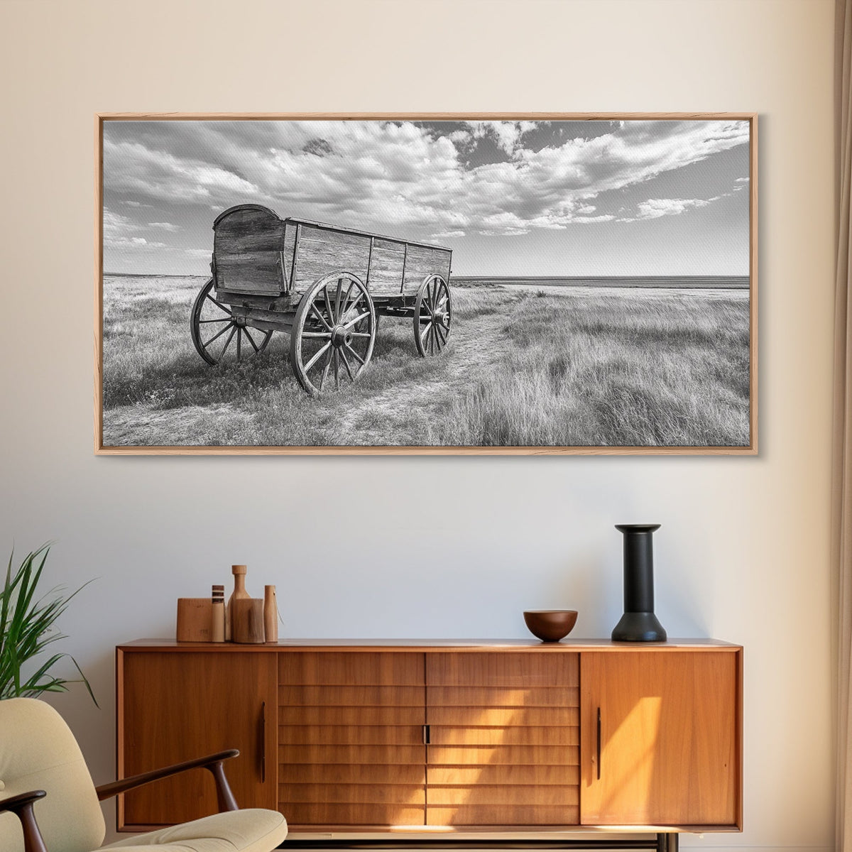 Prairie Wagon, Western Landscape, Old West Photography, Framed Canvas Print, Farmhouse Entryway or Rustic Fall Living Room Art