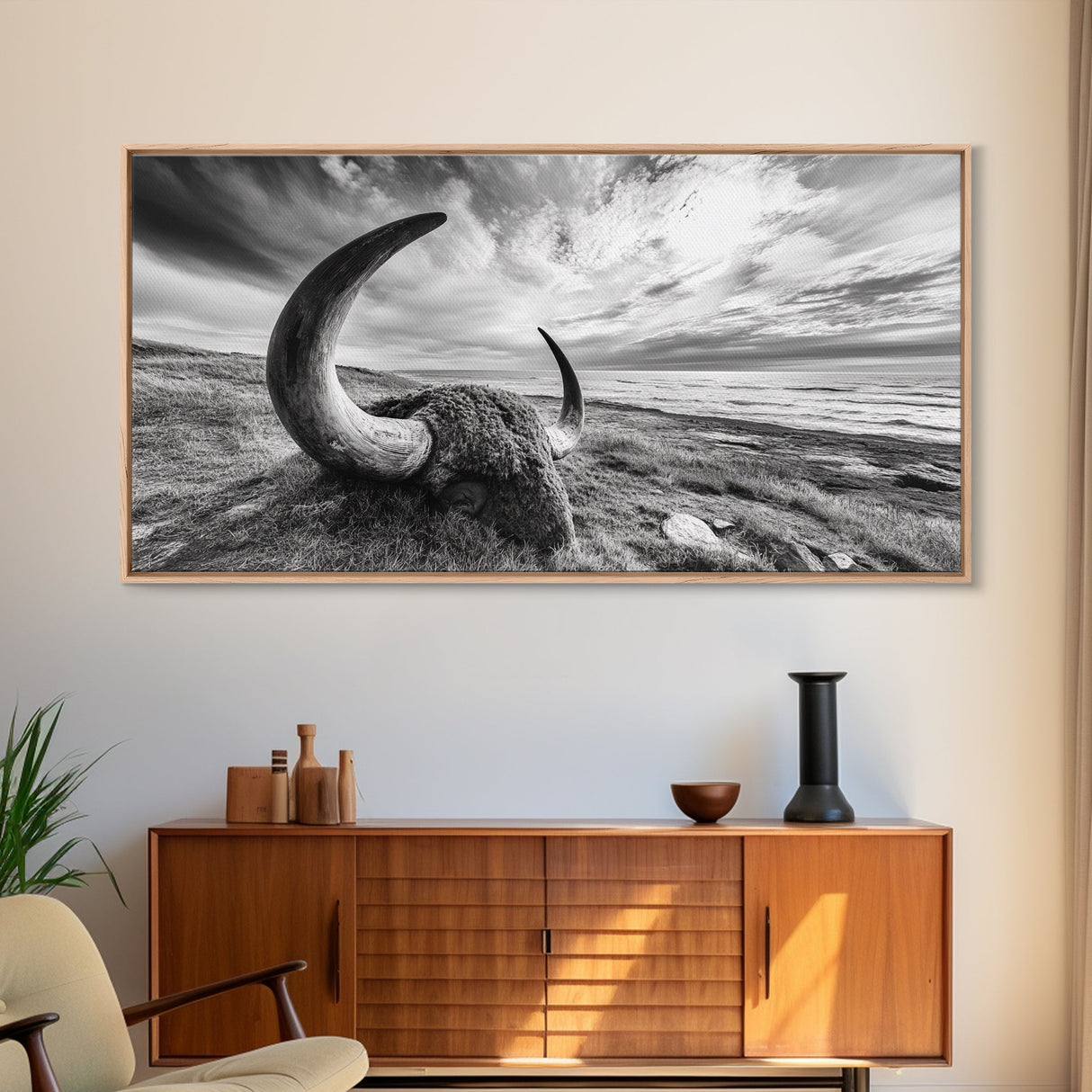 Highland Bull, Ocean Cliff, Coastal Wildlife, Nature Scene, Framed Canvas Print, Rustic Wall Decor, Farmhouse Wall Art, Cabin Aesthetic