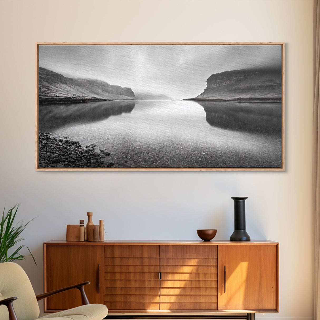 Misty Fjord Reflection, Calm Water Scene, Nordic Landscape, Peaceful Wall Decor, Canvas Print, Office Wall Art, Minimalist Mountains