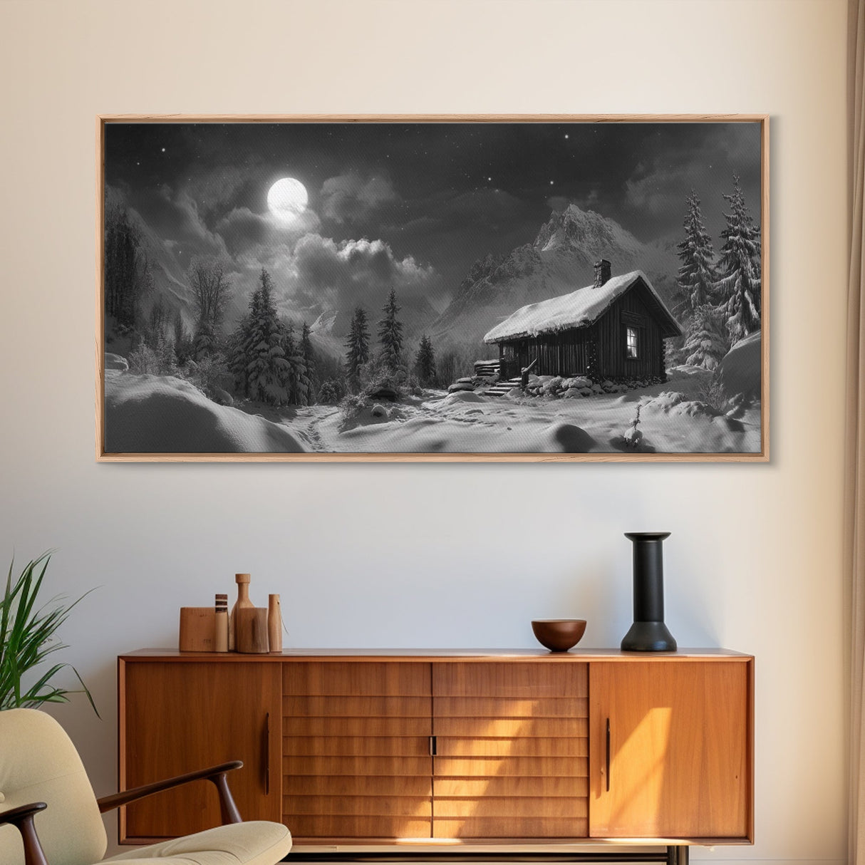 Snowy Cabin, Winter Night, Starry Sky, Cozy Mountain Scene, Framed Canvas Print, rustic lodge decor, Christmas art, bedroom wall print