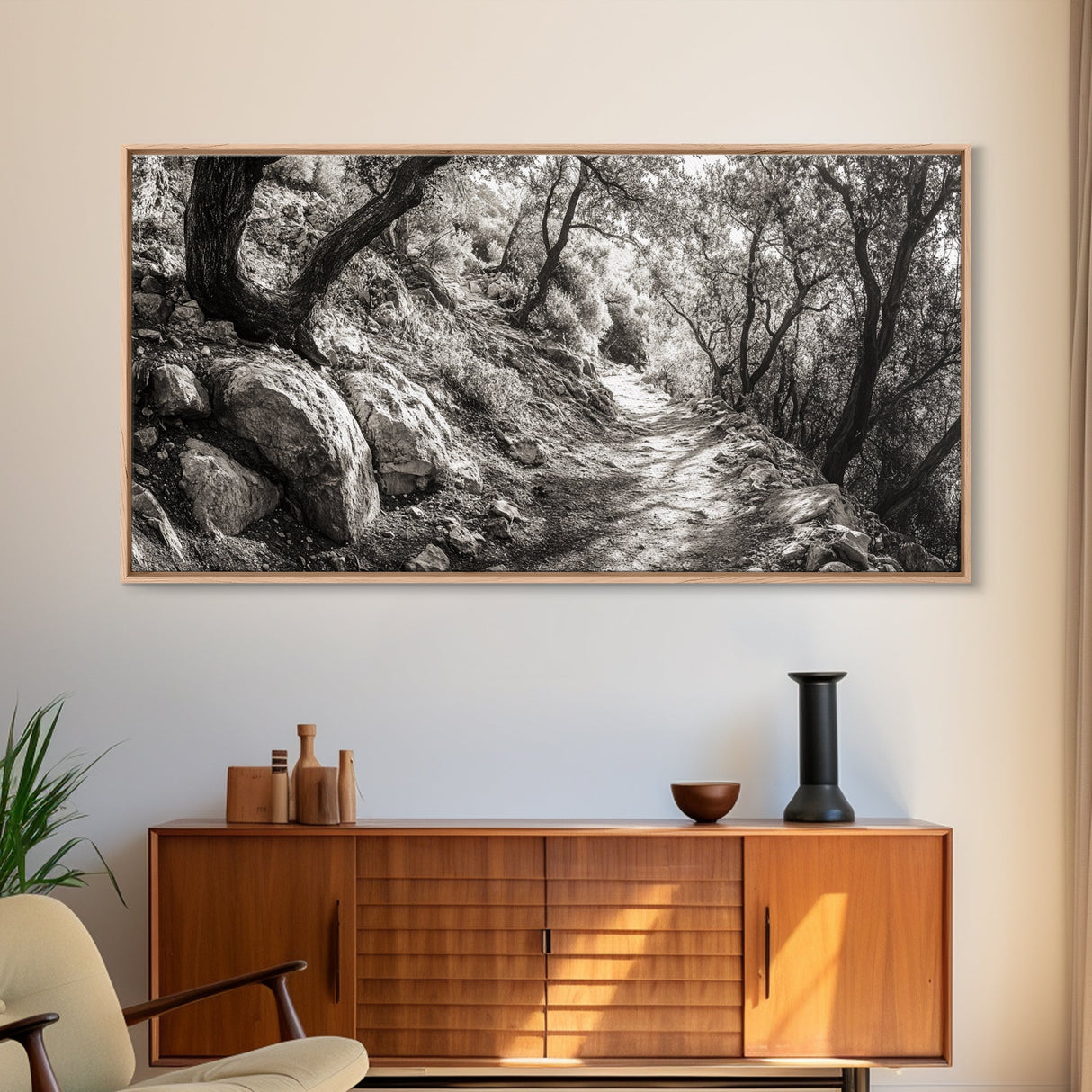 Woodland Trail, Autumn Path, Tree Tunnel, Rustic Outdoor Vibe, Framed Canvas Print, Entryway Nature Art, Moody Forest Decor