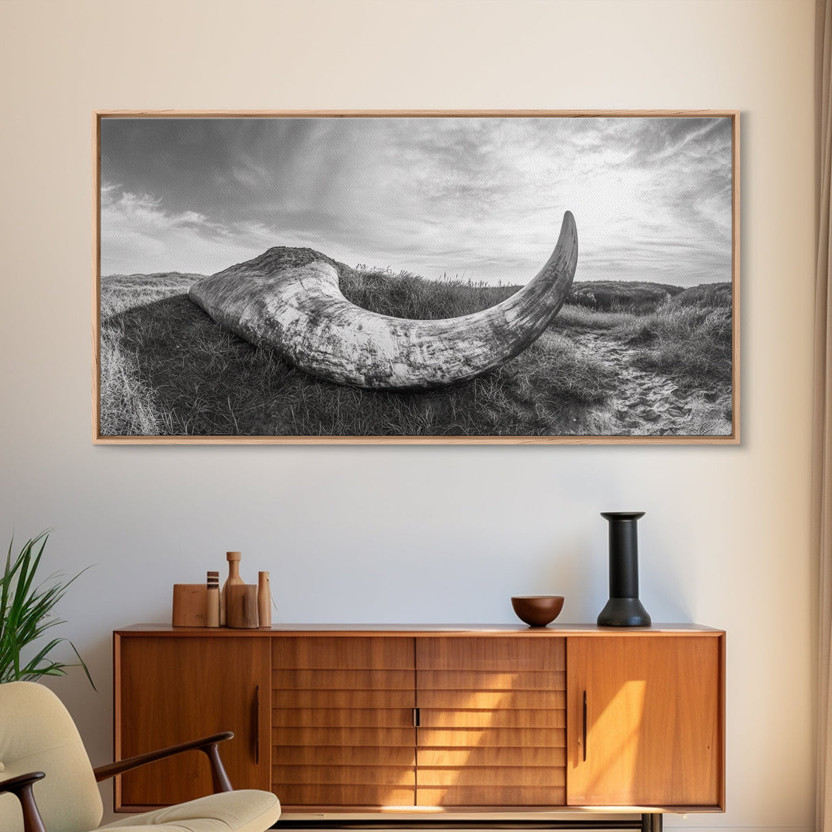 Driftwood Horn Curve, Coastal Nature Art, Whale Bone Decor, Beachside Minimalism, Canvas Print, Entryway Wall Art, Nautical Rustic Decor